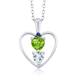 925 Sterling Silver Green Peridot Sky Blue Aquamarine and Blue Created Sapphire Pendant Necklace For Women (0.76 Cttw, Gemstone August Birthstone, Heart 5MM and 4MM, with 18 Inch Silver Chain)