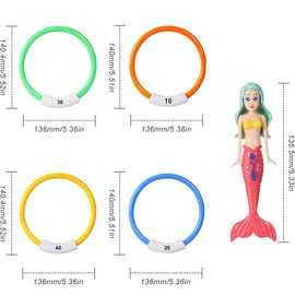 OFKAFEZV Underwater Play Set, Children's Diving Toy Set, 8 Pieces Pool Toy with Diving Mermaid Toy, Diving Rings for Underwater Play and Diving Training by Children