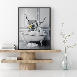 Highland Cow Canvas Pictures, Funny Black White Animal Highland Cow Art Pictures, Black and White Highland Cow Poster for Bedroom Living Room Modern Decoration, No Frame (Bathing Cattle, 30 x 40 cm)