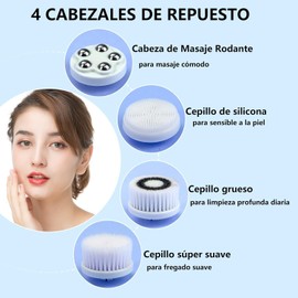 Cepillo de Limpieza Facial, Limpiador Facial Electrico Recargable, Cepillo Limpiador Facial Impermeable, Cepillo Facial Giratorio de 360° con 3 Modos, Cepillo Exfoliante facial para Cara con 4 Cepillos Faciales para Limpieza Profunda, Exfoliación Suave, E
