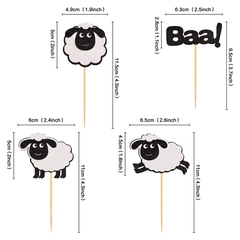 Ercadio 24 Pack Sheep Cupcake toppers Black Glitter Farm Animals