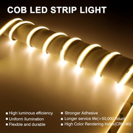 BERIXDEEP 20 m COB LED Strip, 480 LEDs/m, 8 mm, CRI 92, 24 V Bright LED Strip, Warm White, for Workshop, Skirting Boards, Light Strip 20 m without Power Supply, 3000 K