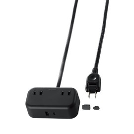 Elecom T-U04-2220BK Power Strip, USB Tap, 6.6 ft (2 m), USB-C 1 Port, USB-A Port, 2 Outlets, Tabletop Tap, USB Port Cap, Black