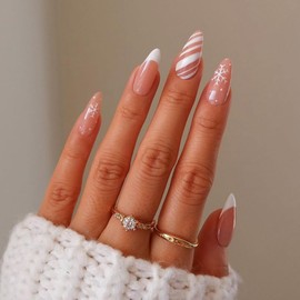 Christmas Press On Nails Almond Medium Length Christmas Fake Nails with Glue, Christmas Nails Glue On, Christmas Nails Press On with Snowflake Design，Artificial Stick On Nails for Women-24Pcs