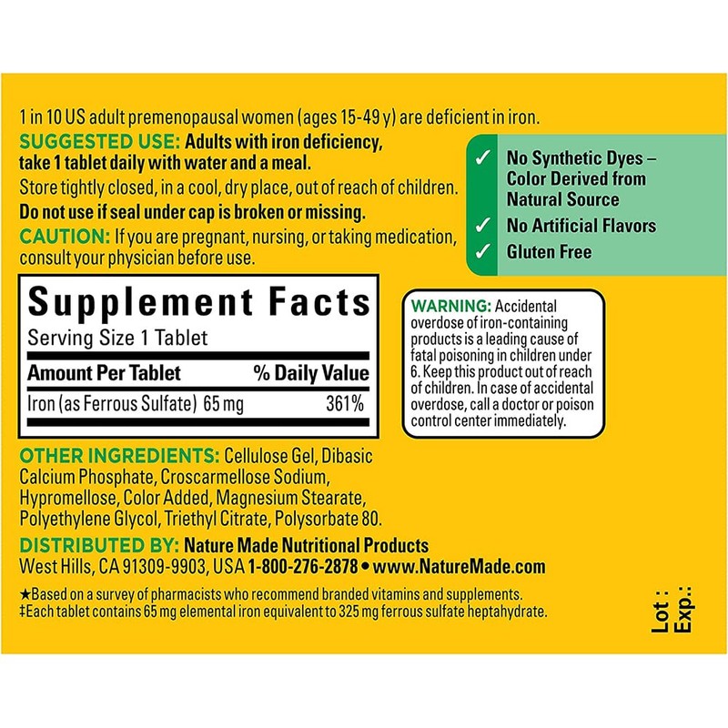 Nature Made Iron 65 mg(325 mg Ferrous Sulfate) ablets Dietary