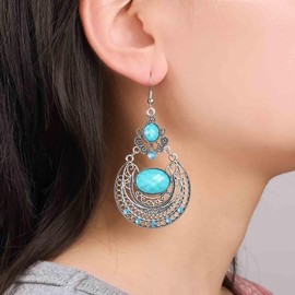Allereya Boho Ethnic Teardrop Earrings Silver Tribal Drop Earrings Blue Sapphire Drop Earrings Fillgree Waterdrop Earrings Ethnic Gypsy Chandelier Earrings Jewelry for Women