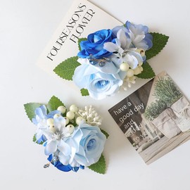 MAFELOE Corsage Boutonniere Set of 2 Pieces, Artificial Flowers Accessories for Grooms Bridal Wedding Prom Party Homecoming Business Suit Decorations- Dark Blue+Light Blue (M7-Y1-K-S)