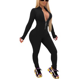 XXTAXN Women's Sexy Bodycon Long Sleeve V Neck Zipper Jumpsuit Rompers Black