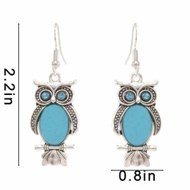arete colgantes de búho para mujer, arete colgantes de búho turquesa con diseño de búho y piedras preciosas de búho, arete colgantes de gota de vidrio azul, accesorios de joyería de moda, Mediano,