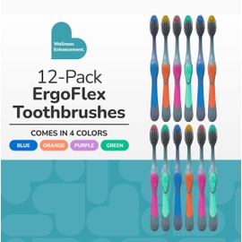 BioSwiss ErgoFlex Toothbrushes, Pack of 12 Manual Toothbrush Set with Rubber Grip Handles, Ergonomic Design for Plaque and Tartar Removal