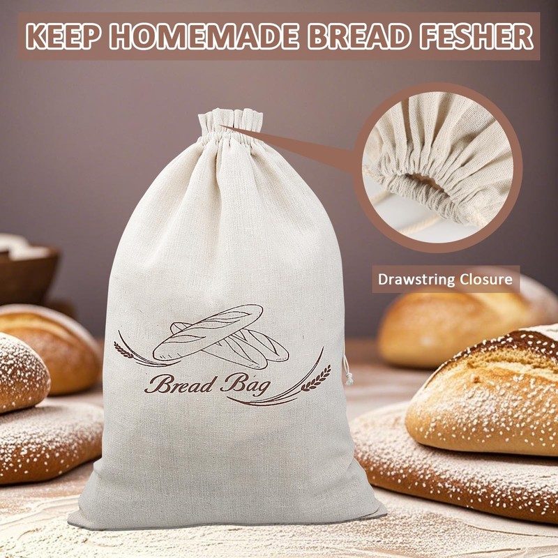 XL Reusable Linen Bread Bags with Plastic Liner, Large Drawstring