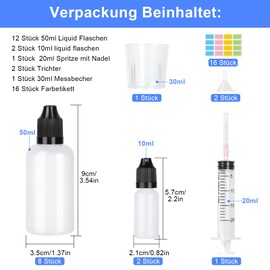 Furuising 12Stk Liquid Flaschen 50ml, Leer Plastikflaschen Liquidflaschen Tropfflasche Dropper Bottle mit 2 * 10ml Quetschflaschen, Spritze Messbecher Trichter Zum Mischen von Flüssigkeiten