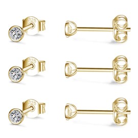 CERSLIMO Silver Stud Earrings for Women Men Girls, 3 Pairs Sterling Silver Tiny Round Stud Earrings Small Dainty Cartilage Tragus Cubic Zirconia Earrings Set (3mm, Gold)