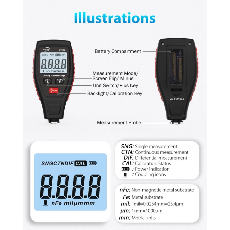Benetech GT235 Paint Coating Thickness Meter, Digita Film Coating Thickness