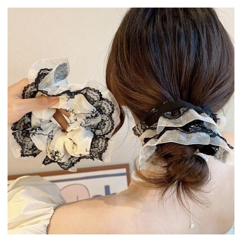 TUCEWP Scrunchies for Women's Hair 2Pcs White Black Organza Lace