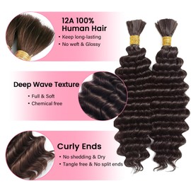 WOWANGEL Boho Braids Human Hair Extensions, Knotless Boho Braiding Hair for Curly Bohemian Styles​,16 Inch Deep Wave Human Hair Bundles (100g),Dark Brown(4#)