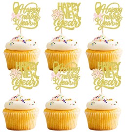 Keaziu - 24 piezas de decoración para magdalenas de feliz año nuevo, bienvenida, 2024, decoraciones de copa de fuegos artificiales para felicitaciones 2024, feliz año nuevo, día festivo, decoración de fiesta, dorado, 1