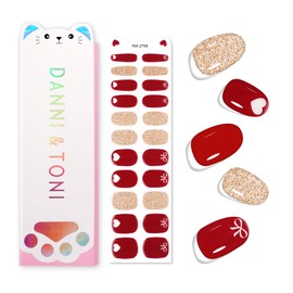 DANNI & TONI White Heart Semi Cured Gel Nail Strips Kids DIY Ribbons (Sparkle Hearts) Gold Glitter Red Base Gel Glossy Wraps for Girls 22 Stickers