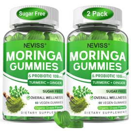 Sugar Free Moringa Gummies for Women Men with Probiotic Turmeric Ginger Ceylon Cinnamon, Chewable Organic Pure Moringa Leaf Supplement for Adults | Gut & Immune Support, Vegan, Grape Flavor, 120Cts