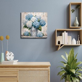 LAIART Blue Hydrangea Wall Art Farmhouse Wall Decor Flower Canvas Print Artwork for Bathroom Bedroom Living Room Dining Room