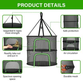 YSSOA 2-Layer 2ft Foldable Herb Mesh Dry Rack Hanging Drying Net with Zippers Heavy Duty Ring for Hydroponic Plant, Free Storage Bag and Hook with Flap Opening