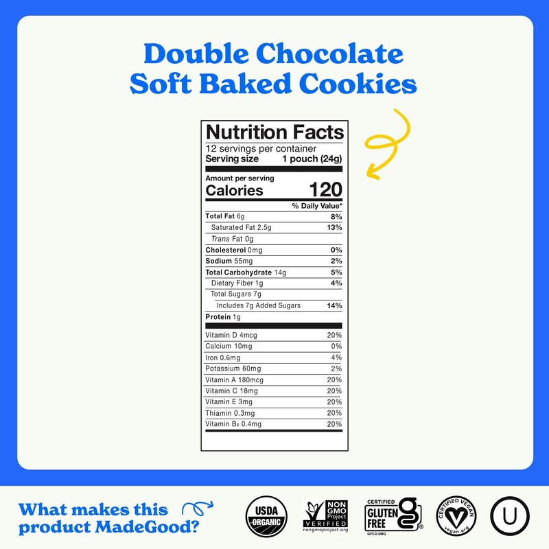 MadeGood Double Chocolate Soft-Baked Cookies, 0.85oz Each, Organic Snacks