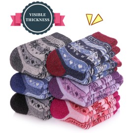 SDBING Kids Merino Wool Hiking Socks Toddlers Wool Boys Girls Warm Boot Cozy Thick Thermal Winter Crew Socks 6 Pairs (8-12 Years, Snowflake)