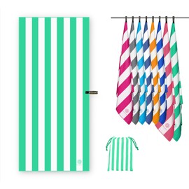PEAQUE Mikrofaser-Handtuch mit Tasche - 90x200 cm - gestreiftes Badetuch, Reisehandtuch, Microfaser Handtücher, leicht, schnelltrocknend, dünn - Grün/Weiß