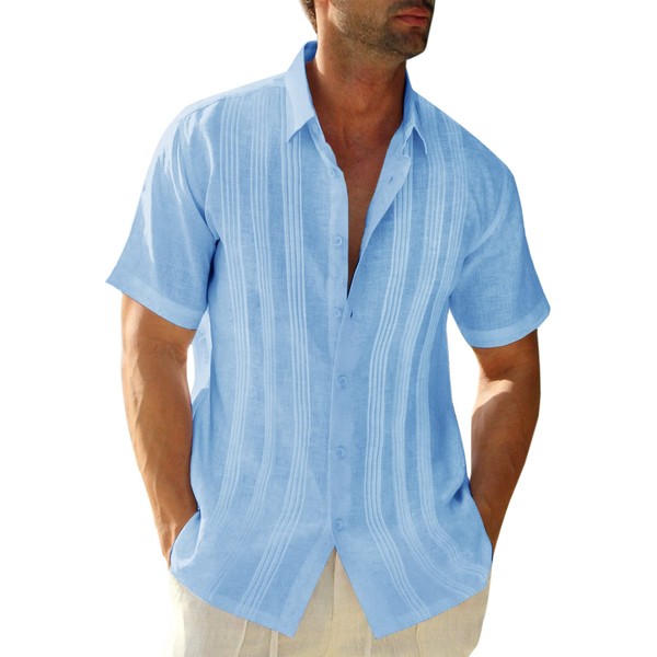 Fommykin Camisa de manga corta de algodón y lino para hombre, casual, verano, playa, con botones, plisados, camisas guayabera, Azul, XX-Large