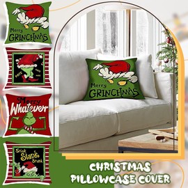 Christmas Pillow Covers 4 Pcs, Christmas Decorations Throw Pillow Cover, 18x18 Inches The Grinch Stripe Pillow Case, 45x45 cm Winter Christmas Throw Cushion Case for Home Couch, Farmhouse Decor