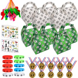 atnayo 50 Pcs Football Party Bags Fillers, Medals Wristbands Whistles Stickers Gift Bag for Boys Girls Football Themed Party