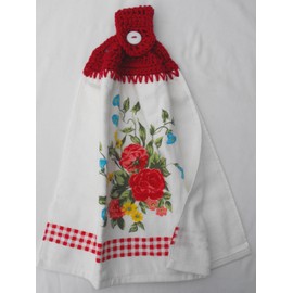 SWEET ROSE - RED GINGHAM - DOUBLE THICK/FULL CROCHET TOP HANGING KITCHEN TOWEL, MATCHING OVEN MITT AND POTHOLDER