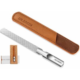Lima de uñas de acero inoxidable con mango antideslizante y funda de cuero, doble cara y lima las uñas fácilmente para hombres y mujeres