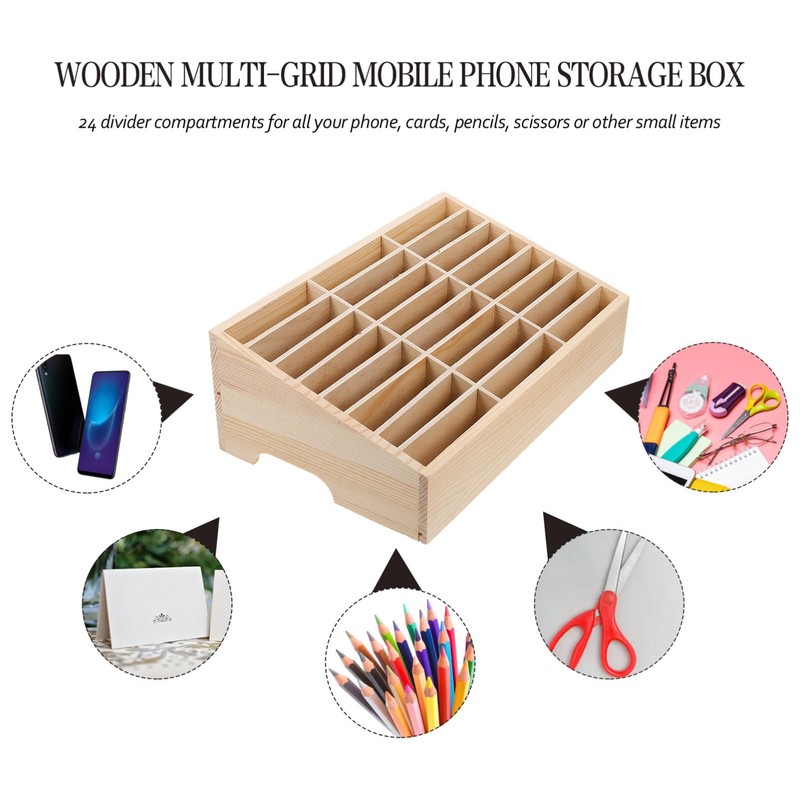 Operitacx 24-Grid Cell Phones Storage Box, Wooden Cell Phone Holder