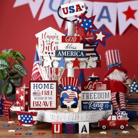 20 Pcs 4th of July Tiered Tray Decor Set - Patriotic Decorations for Independence Day & Memorial Day - Red, White & Blue Wooden Sign - Rustic Farmhouse Table Decor