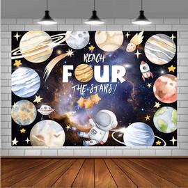 Reach Four The Stars Space Theme Children Birthday Background 4th Birthday Party Kids Astronaut Themed Birthday Party Decoration Boy Girl Birthday Party Photography Decorations Banner (5X3FT)