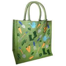 Shared Earth Garden Print Jute Shopping Bag, 30 x 30 x 20 cm, Green Background