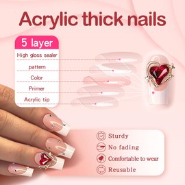 Yivaiks White French Tip Press on Nails Medium Fake Nails With Designs Gem Heart Stick on Nails Full Cover Artificial Nails Press ons Acrylic Nails Kit 24pcs