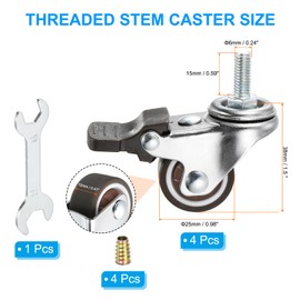PATIKIL 1 Inch Mini Swivel Caster Wheels with Brake, 4Pcs M6x15mm Threaded Stem Casters Load Capacity 99 Lbs with Tool Set for Furniture Trolley Cart, Brown