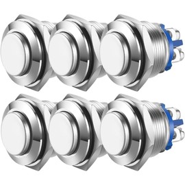 Protruding Push Switch 6 Pieces 16 mm Momentary Push Button 3A/250 VAC 5A/12V DC Waterproof Power Push Button Small Round Chrome Stainless Steel Metal 2-Pin Closer (High Head)