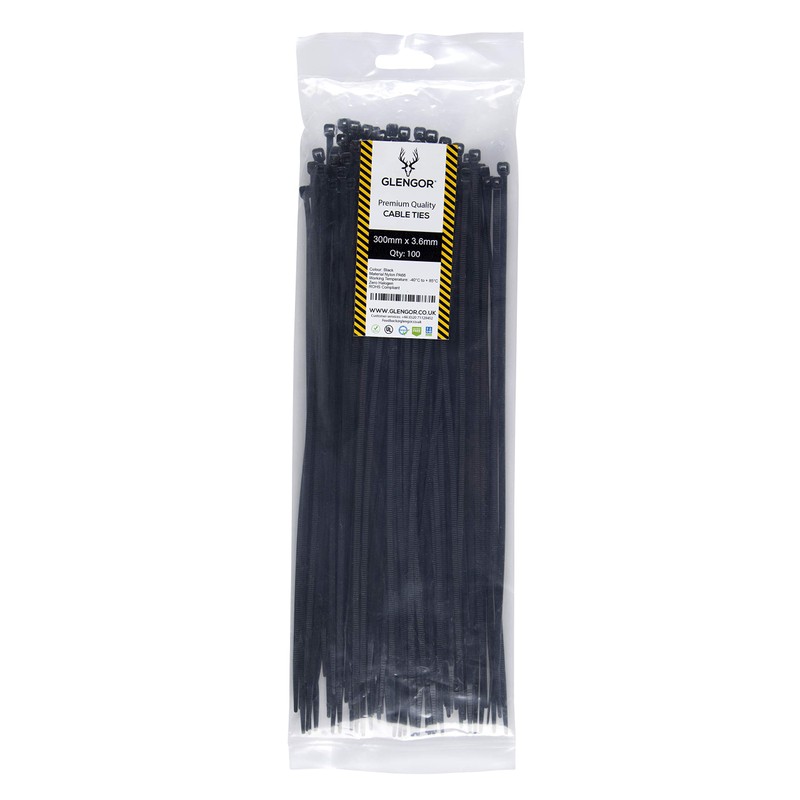 Glengor Black Cable Ties - Pack of 100 | 300