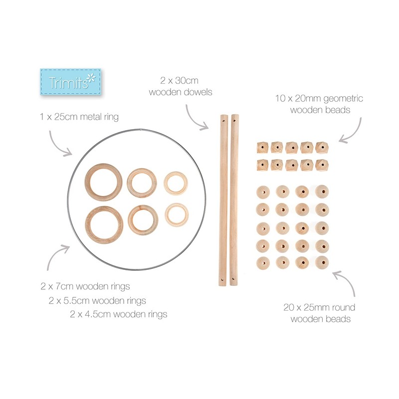 Trimits Macramé Starter Pack, Smooth Birch Wood, 39 Pieces, Natural