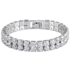 [RIZILIA ICONIC] Double Rows 5mm Round White Cubic Zirconia 18K White Gold Plated Wide Tennis Bracelet, 7", Metal, simulated-white-topaz
