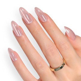 30PCS Cat Eye False Nails Long - Pale Pink Press on Nails Almond - Glossy Glitter Stick on Nails - Fake Nails with Glue - 15 Size Full Cover Nail Tips and Glue for Women DIY Design