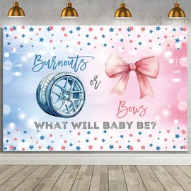 MEHOFOND 7x5ft Burnouts or Bows Gender Reveal Backdrop Boy or Girl What Will Baby Be Photography Background Pink and Blue Stars Gender Reveal Baby Shower Party Decorations Banner Photo Booth Props