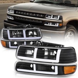 Auto Dynasty LED DRL Headlights Assembly compatible with 1999-2006 Chevy Silverado 1500 2500 3500 HD Tahoe, Driver Passenger Side Halogen Headlamps Replacement w/F-Style Running Light, Black/Amber