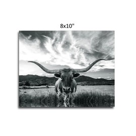 Western Cowboy Sketch Vintage Wall Art  Mid Century Decor  longhorn cow bw