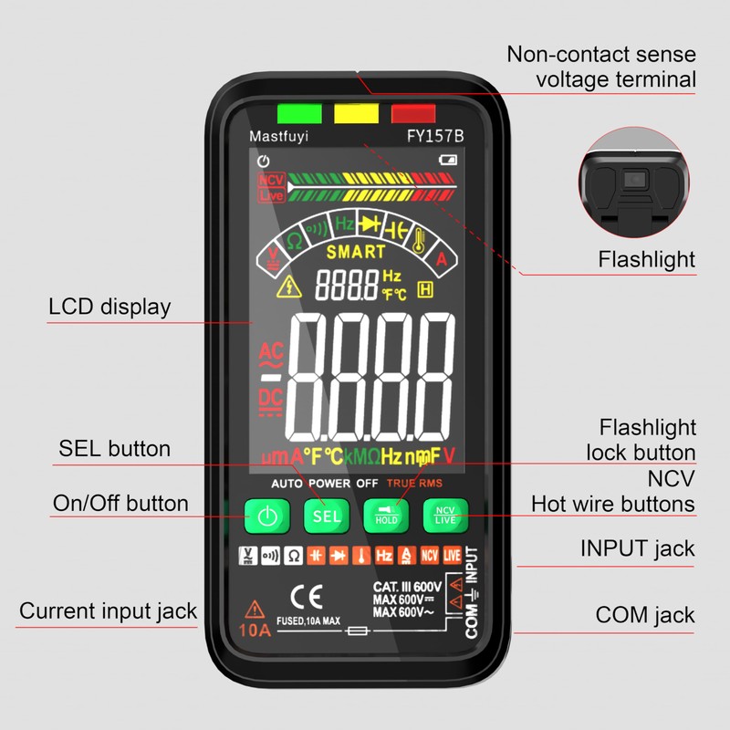 Mastfuyi Multimeter Rechargeable Electrical Tester with Auto Ranging Digital Voltmeter,TRMS