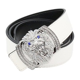 QHA Mens Womens Lion Diamond Designer Leather Belt Silver White 36"-40"