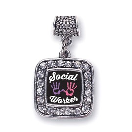 Inspired Silver - Social Worker - Silver Memory Charm for Women - Square Charm Jewelry Gift with Cubic Zirconia - Women's Charm for Bracelets